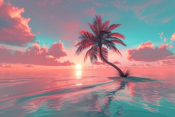 Palm Tree in the Middle of an Ocean at Sunset - obrazy, fototapety, plakaty