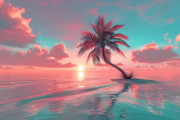 Fotobehang Palm Tree in the Middle of an Ocean at Sunset © C2PO