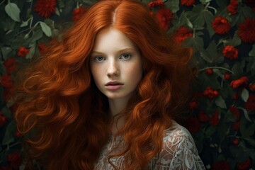 Unique Red hair woman stairs wall. Beauty young. Generate Ai