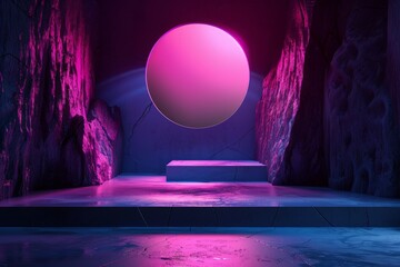 A stage set with a prominently displayed, oversized pink ball. - obrazy, fototapety, plakaty