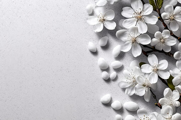 Beautiful blossoming branches on light background, flat lay. Space for text