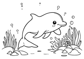 Drawing simple lines cute dolphin in the forest coloring book pages. cartoons for preschool children