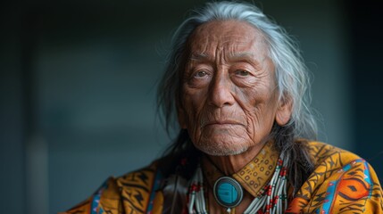A weathered Native American man with long white hair looking into the distance