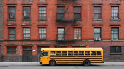 A yellow school bus is parked in front of a building, with multiracial people boarding and exiting