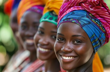 A diverse group of women draped in vibrant headscarves, showcasing their cultural identities and traditions