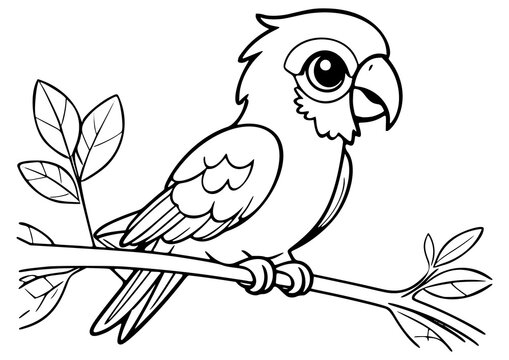 Drawing simple lines cute parrot coloring book pages. cartoons for preschool children
