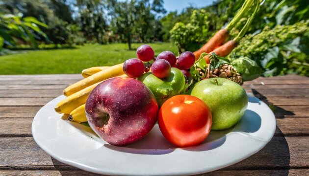 in the isolated background of nature s vibrant summer a white plate adorned with an array of colorful fruits and healthy vegetables creates a picturesque scene in the garden where the pink h