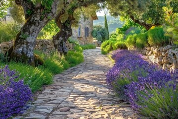 A charming stone pathway lined with blooming lavender and lush greenery leads to a rustic country house, nestled among old trees. The concept of the image is a serene and picturesque rural retreat.