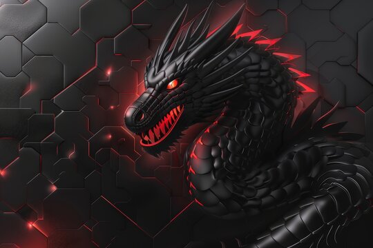 A fierce black dragon with piercing red eyes set against a dark black background.