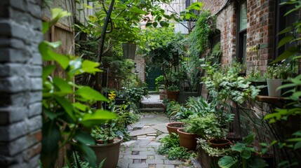 Peaceful garden alley in a city with assorted plants and foliage