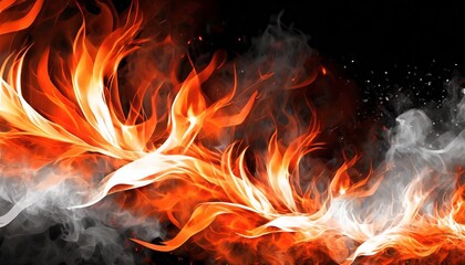 Fototapeta na wymiar fire fiery background red flames sparks and waving white smoke on a black background