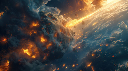 Giant asteroid being destroyed by a laser shot from a spaceship against the surface of the Earth - obrazy, fototapety, plakaty