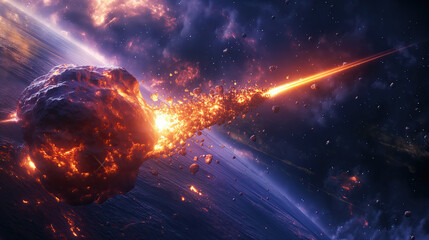 Giant asteroid being destroyed by a laser shot from a spaceship against the surface of the Earth