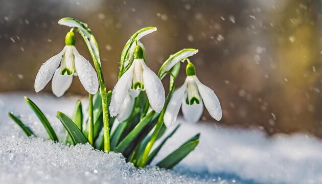 spring snowdrops flower in snow