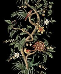 Chinoiserie border with branches, flowers and birds. Vector. - 755098610