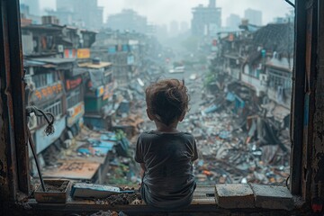 Captured in silhouette, the back view of a child offers a poignant perspective as they witness the destruction of a city by war and bombs, highlighting the toll of violence on generations to come