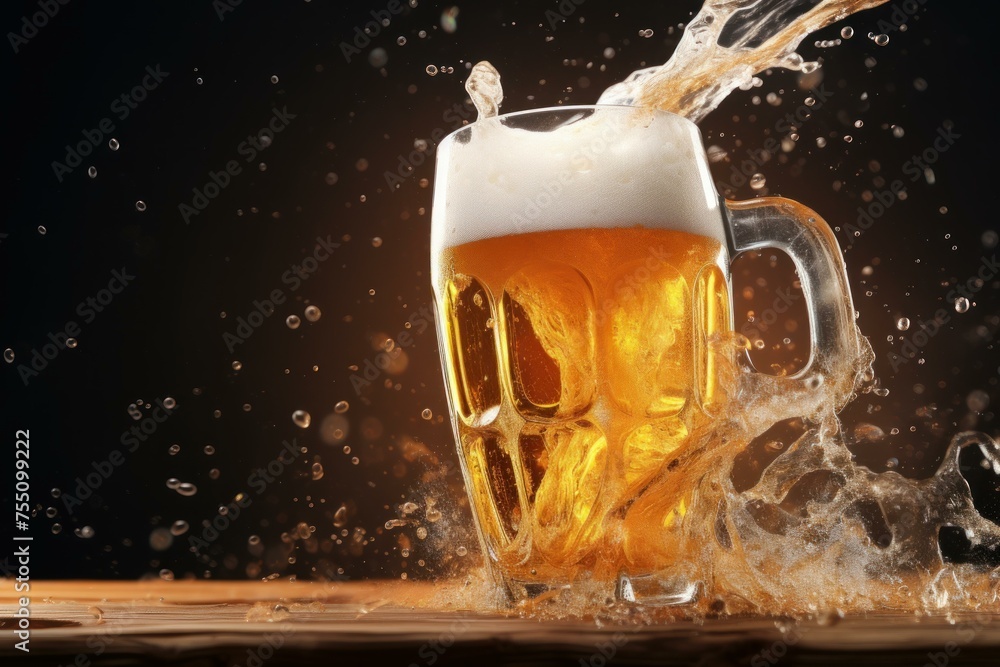Poster refreshing mug of beer with foam. refreshing drink drops. generate ai