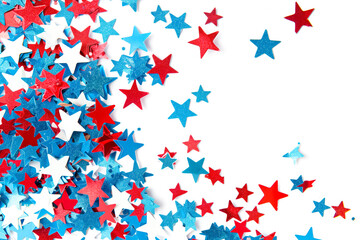 Fototapeta na wymiar 4th of July American Independence Day. Happy Independence Day. Red, blue and white star confetti, paper decorations on white background. Flat lay, top view, copy space, banner