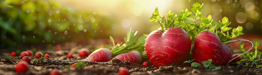 A close up of two red radishes and a bunch of carrots on a dirt field