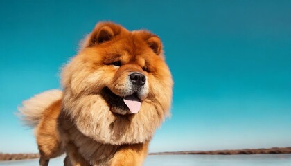 chow chow dog is jumping or running isolated on blue cyan background - obrazy, fototapety, plakaty