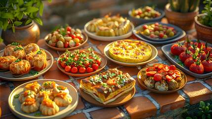 Fototapeta na wymiar A table full of food, including pizza, lasagna, and various vegetables