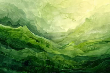 Foto op Canvas A painting depicting a vibrant green landscape under a cloudy sky. © pham