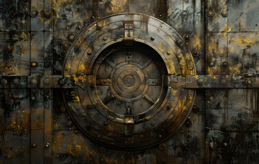a black and gold safe with an old lock, in the style of digitally manipulated images, tondo, data visualization, extremely detailed art, long lens, precisionist, symmetry --ar 128:81 --style raw