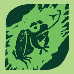 Linocut illustration of green frog icon. Vector toad drawing with linoleum print texture. Amphibian logo design. Anuran symbol design. Engraved frog drawing. - 755100000