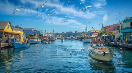 Fishing boats docked at a colorful harbor with seagulls flying overhead. High dynamic range photography with clear blue sky - obrazy, fototapety, plakaty