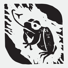 Linocut illustration of green frog icon. Vector toad drawing with linoleum print texture. Amphibian logo design. Anuran symbol design. Engraved frog drawing. - 755100022