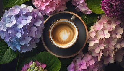 delicious fresh morning espresso coffee with a beautiful thick crema among blossoming pink and purple hydrangea flowers at the florist shop top view - obrazy, fototapety, plakaty