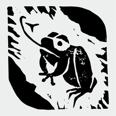 Linocut illustration of green frog icon. Vector toad drawing with linoleum print texture. Amphibian logo design. Anuran symbol design. Engraved frog drawing. - 755100062