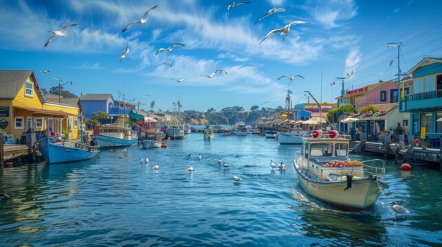 Fishing boats docked at a colorful harbor with seagulls flying overhead. High dynamic range photography with clear blue sky