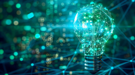 A light bulb is shown in a green and blue background
