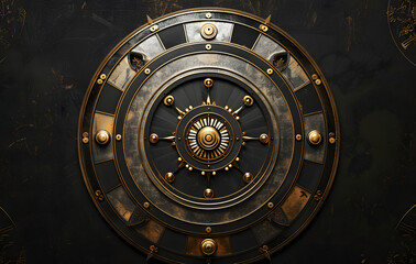 Fototapeta na wymiar a black and gold safe with an old lock, in the style of digitally manipulated images, tondo, data visualization, extremely detailed art, long lens, precisionist, symmetry --ar 128:81 --style raw