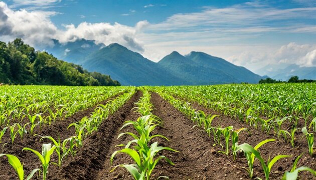 rows of young corn plants growing on the field