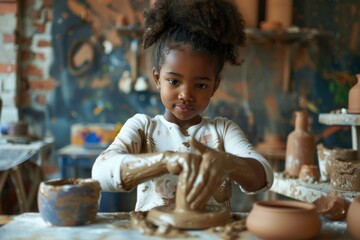 Young African American girl crafting pottery, focused and creative in an art workshop setting, expressing artistic skill.