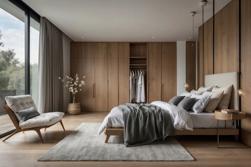 Stilvolles Schlafzimmer mit natürlicher Holzverkleidung und Panoramafenster für ein helles, modernes Ambiente