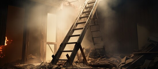 A building with a wooden fire escape ladder leading to the top, providing a safe escape route in case of a fire hazard event - obrazy, fototapety, plakaty