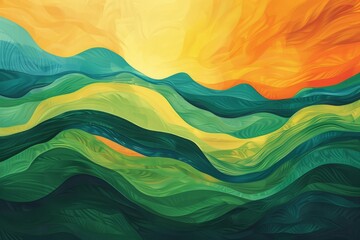 A painting featuring vibrant green and yellow waves crashing against each other in a dynamic and energetic display of movement.