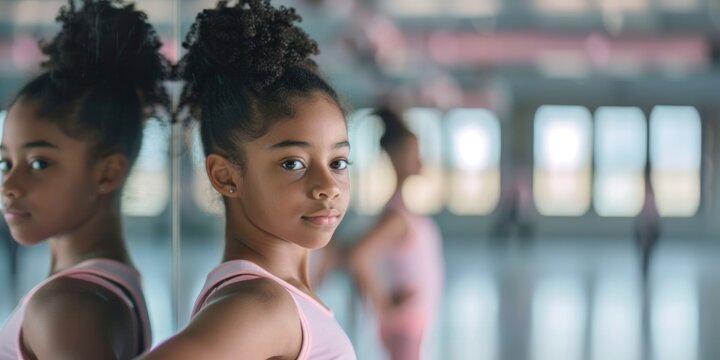 A young African American girl in a ballet practice, poised and looking at her reflection with focus, in a dance studio. - Powered by Adobe