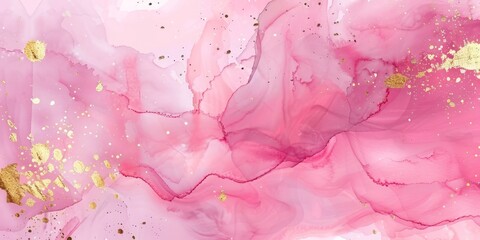 A painting predominantly pink with splashes of gold paint across its surface.