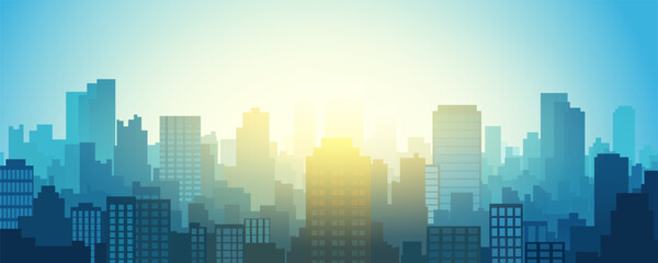 Sunset or sunrise over a modern city. Bright sunlight illuminates the silhouettes of buildings and skyscrapers of a larger metropolis. Vector illustration City landscape. Cityscape. - obrazy, fototapety, plakaty