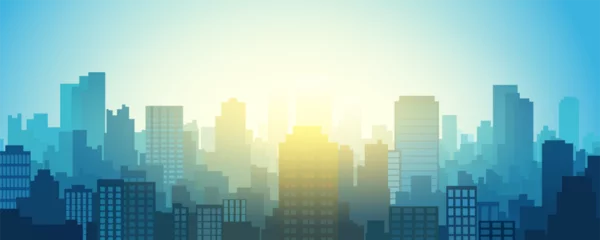Fotobehang Sunset or sunrise over a modern city. Bright sunlight illuminates the silhouettes of buildings and skyscrapers of a larger metropolis. Vector illustration City landscape. Cityscape. © LoveSan