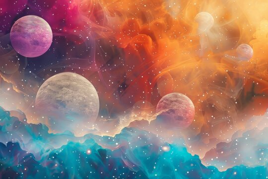 A painting depicting three planets suspended in the sky, each with distinct colors and textures, creating a surreal celestial scene.