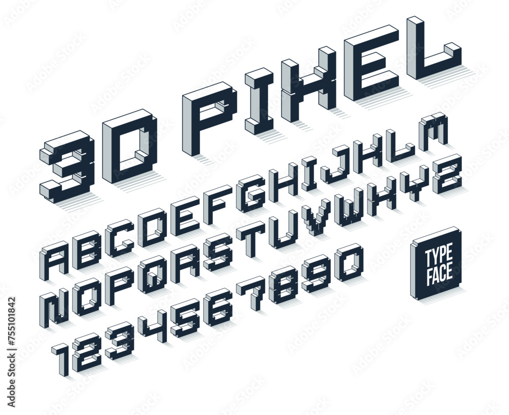 Poster minimal geometric cyberpunk 3d font, vector dimensional typeface in geometry minimalist cubic style,