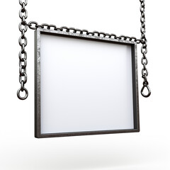 iron rectangular sign hanging on chains white background, professional photo сreated with Generative Ai