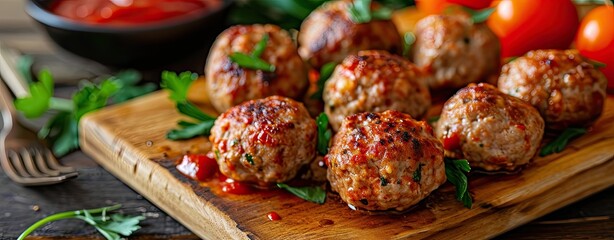 Tasty homemade grilled meatballs, web banner format - obrazy, fototapety, plakaty