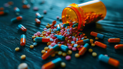 healthcare top down image of an opened orange pill bottle with colourful medicine prescription pills on a table. Prescription tablets and heath supplements for mental and physical wellness