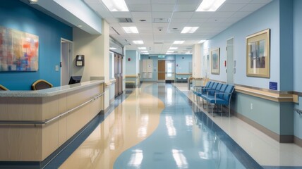 Bright hospital corridor with colorful art - A modern hospital corridor featuring bright lighting and colorful wall art which creates a welcoming and positive atmosphere
